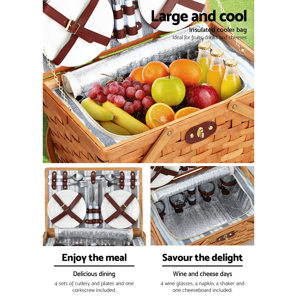 Marlook 4 Person Picnic Basket Set Wooden Blanket Bag Insulated