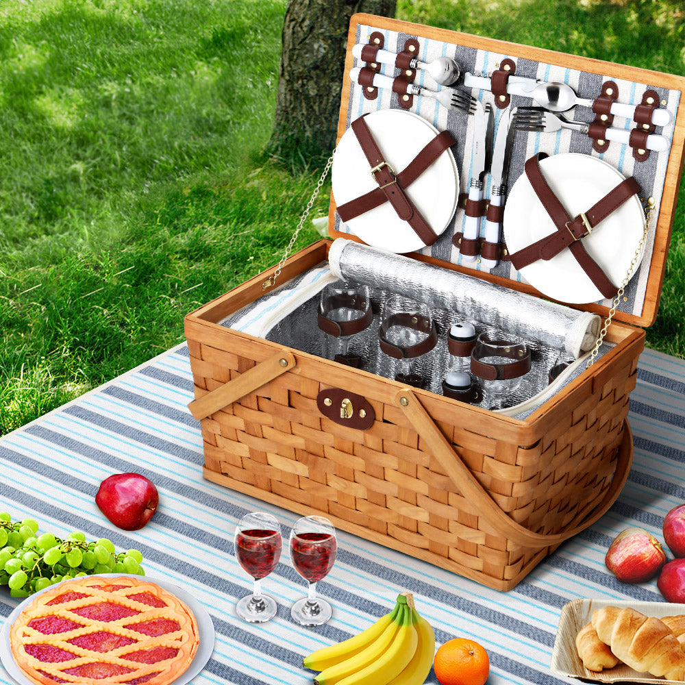Marlook 4 Person Picnic Basket Set Wooden Blanket Bag Insulated