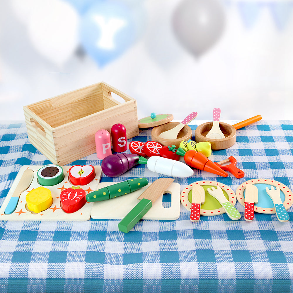 Marlook Kids Kitchen Play Set Wooden Pretend Toys Cooking Utensils Pots Pans Food