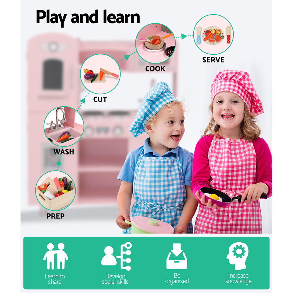 Marlook Kids Kitchen Play Set Wooden Pretend Toys Cooking Children Storage Pink