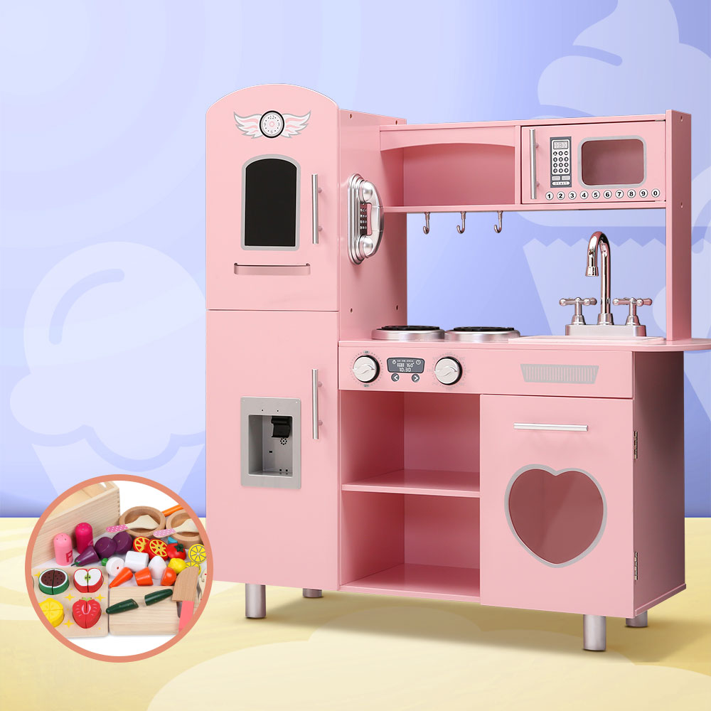 Marlook Kids Kitchen Play Set Wooden Pretend Toys Cooking Children Food Pink
