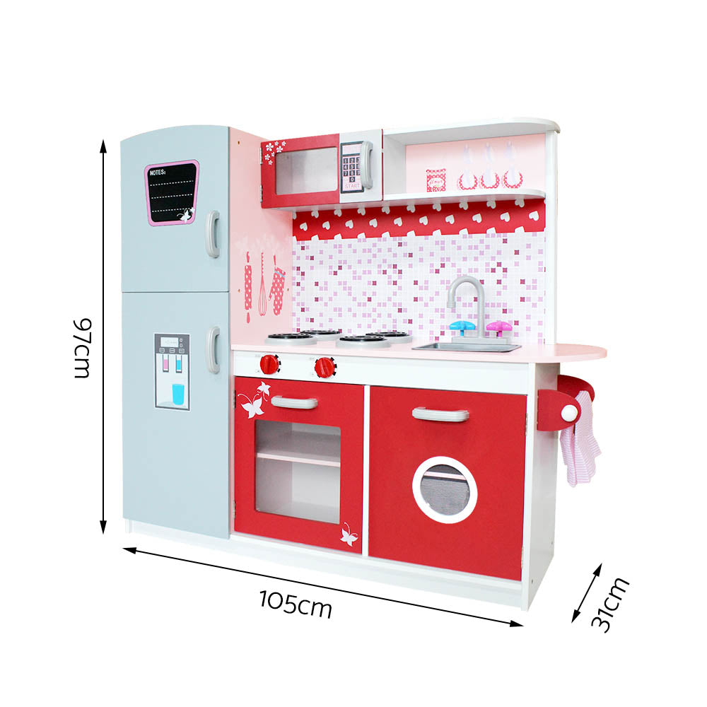 Marlook Kids Kitchen Play Set Wooden Pretend Toys Cooking Children Fridge Oven Red