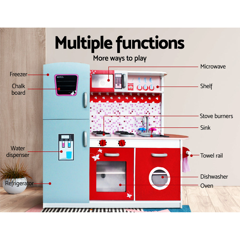 Marlook Kids Kitchen Play Set Wooden Pretend Toys Cooking Children Fridge Oven Red