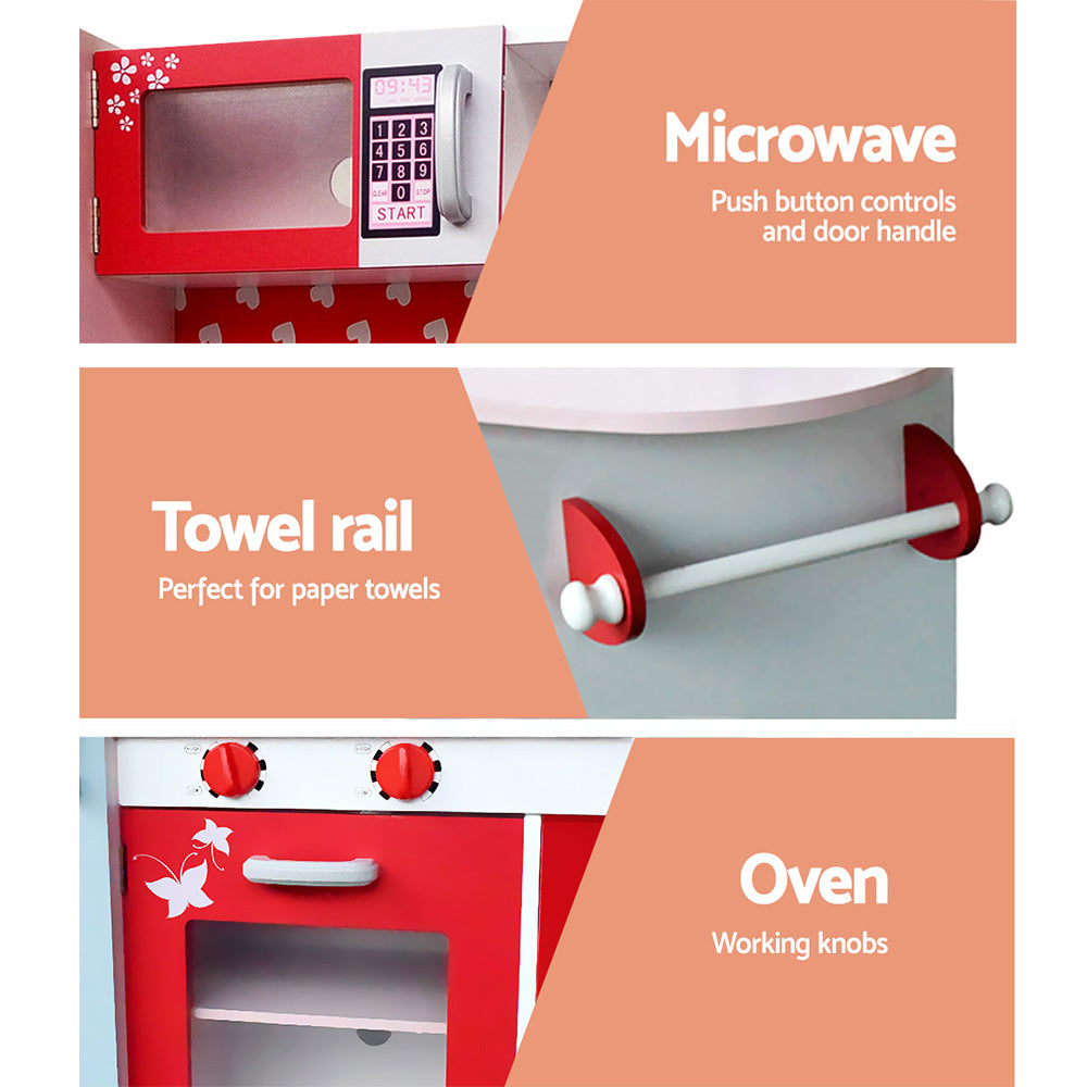 Marlook Kids Kitchen Play Set Wooden Pretend Toys Cooking Children Fridge Oven Red