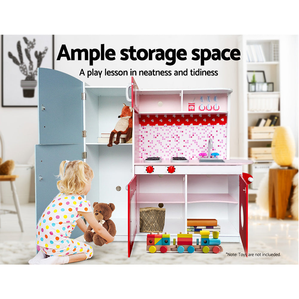 Marlook Kids Kitchen Play Set Wooden Pretend Toys Cooking Children Fridge Oven Red