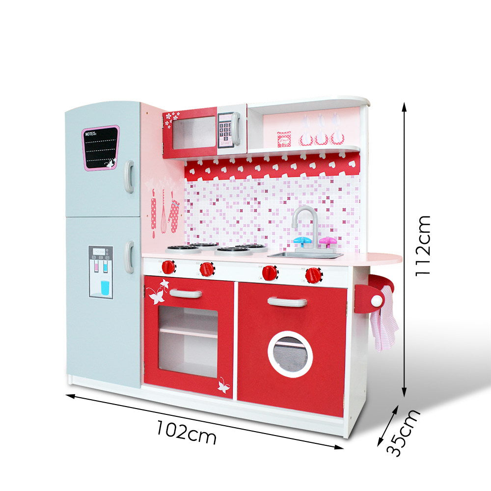 Marlook Kids Kitchen Play Set Wooden Pretend Toys Cooking Children Fridge Oven Red