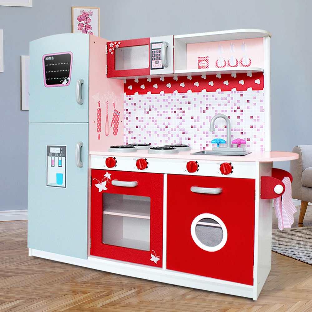 Marlook Kids Kitchen Play Set Wooden Pretend Toys Cooking Children Fridge Oven Red