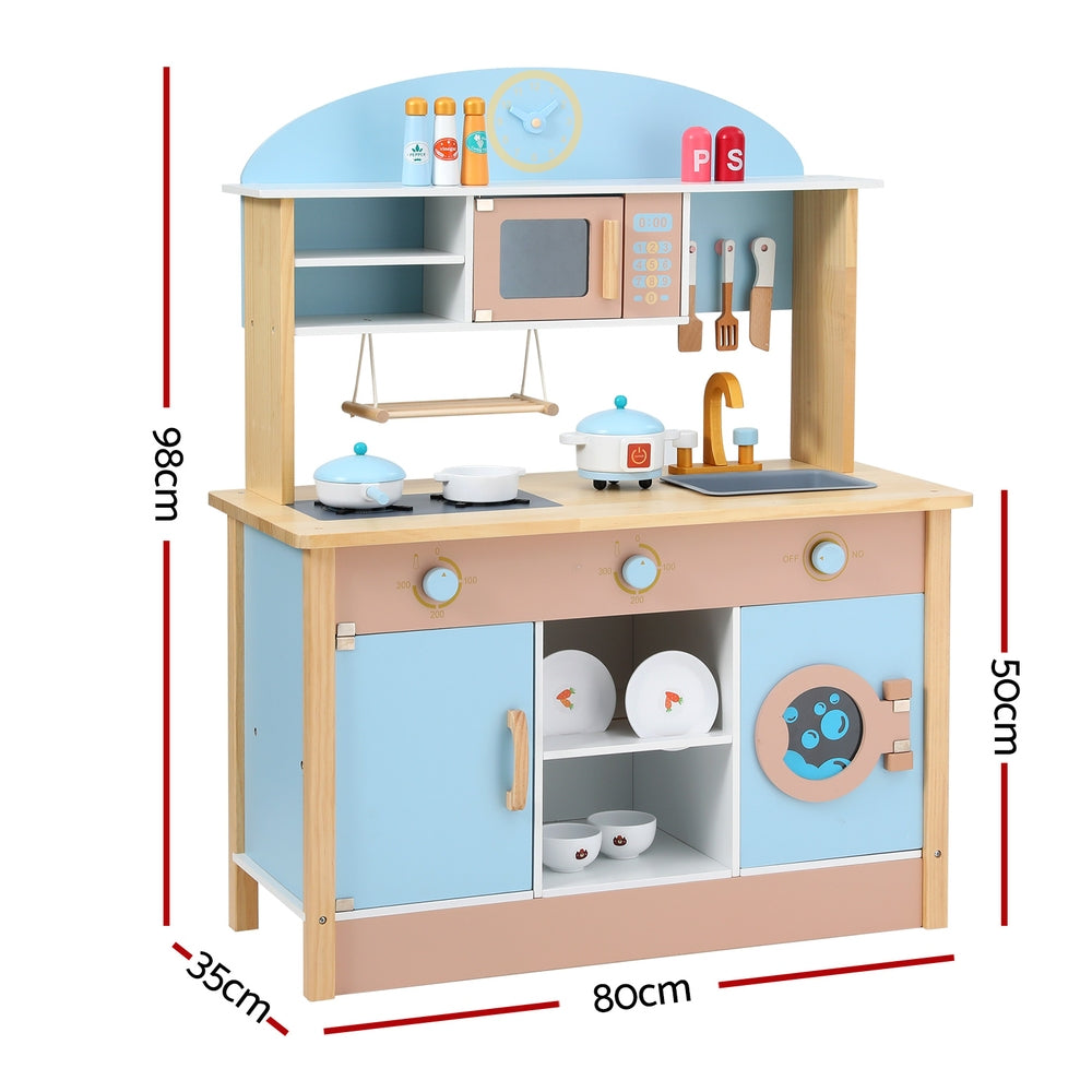 Marlook Kids Wooden Pretend Kitchen Play Sets Cooking Toys Pot Pan Bowls Oven Dishwasher 80CM Blue