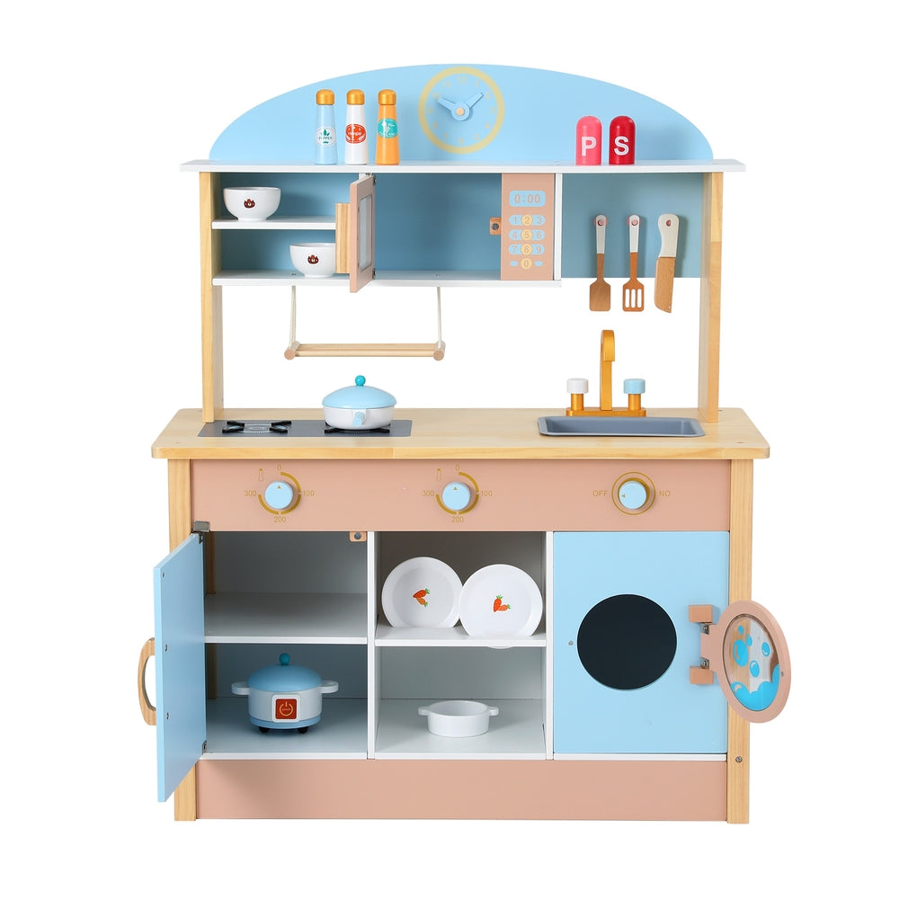 Marlook Kids Wooden Pretend Kitchen Play Sets Cooking Toys Pot Pan Bowls Oven Dishwasher 80CM Blue
