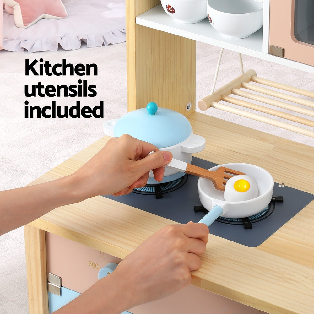 Marlook Kids Wooden Pretend Kitchen Play Sets Cooking Toys Pot Pan Bowls Oven Dishwasher 80CM Blue