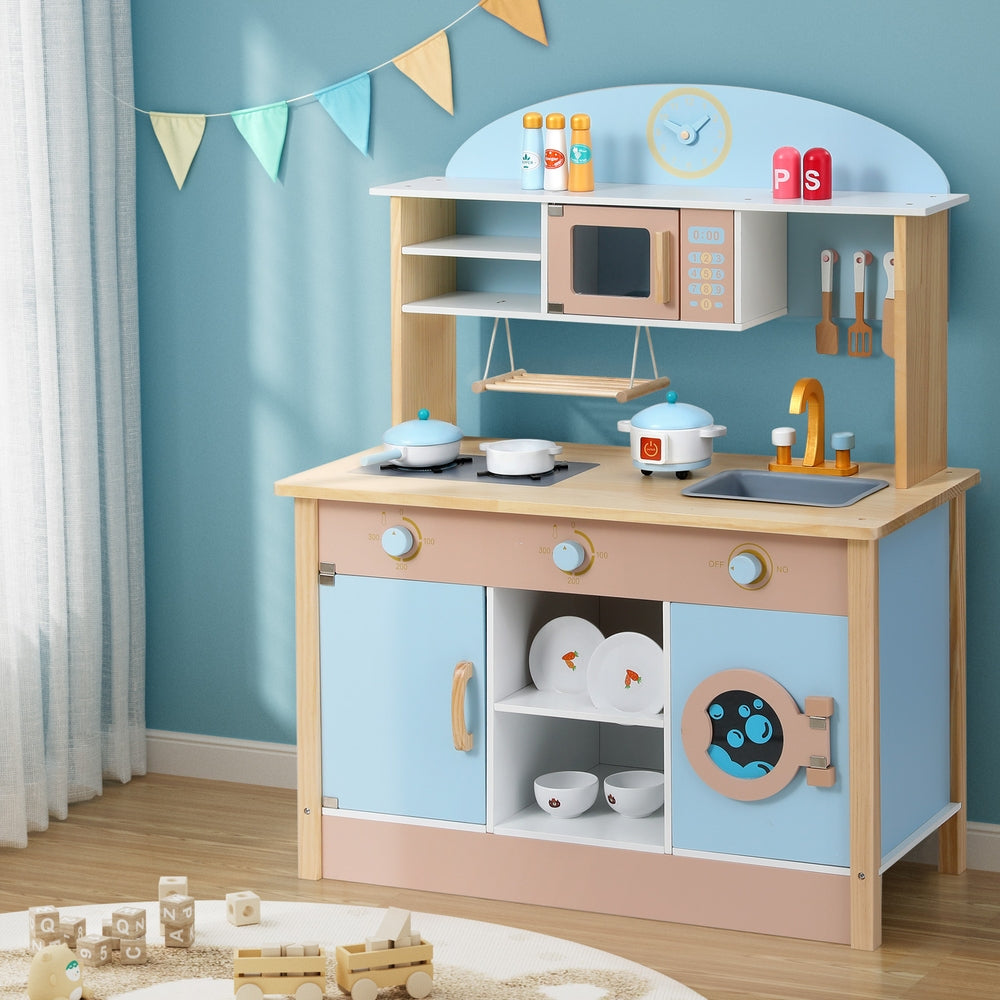 Marlook Kids Wooden Pretend Kitchen Play Sets Cooking Toys Pot Pan Bowls Oven Dishwasher 80CM Blue
