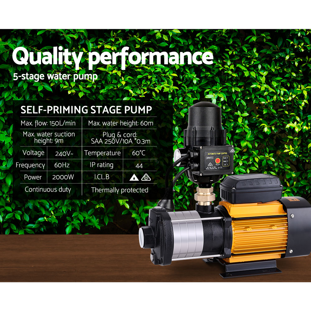 Marlook Garden Water Pump High Pressure 2000W Multi Stage Tank Rain Irrigation Black
