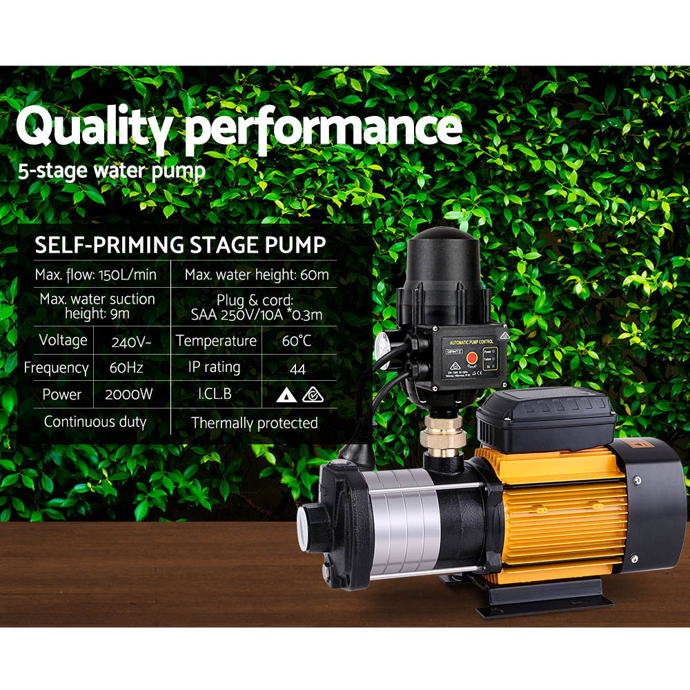 Marlook Garden Water Pump High Pressure 2500W Multi Stage Tank Rain Irrigation Yellow