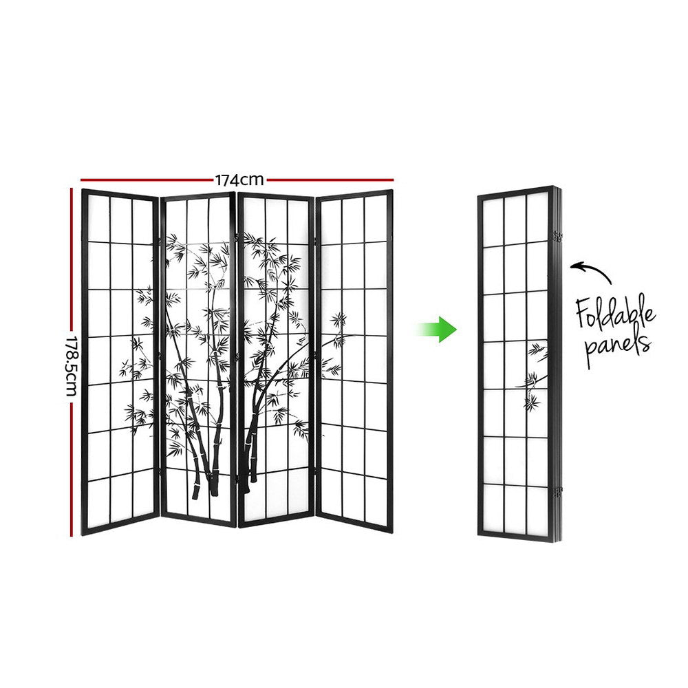 Marlook 4 Panel Room Divider Screen 174x179cm Bamboo Black White