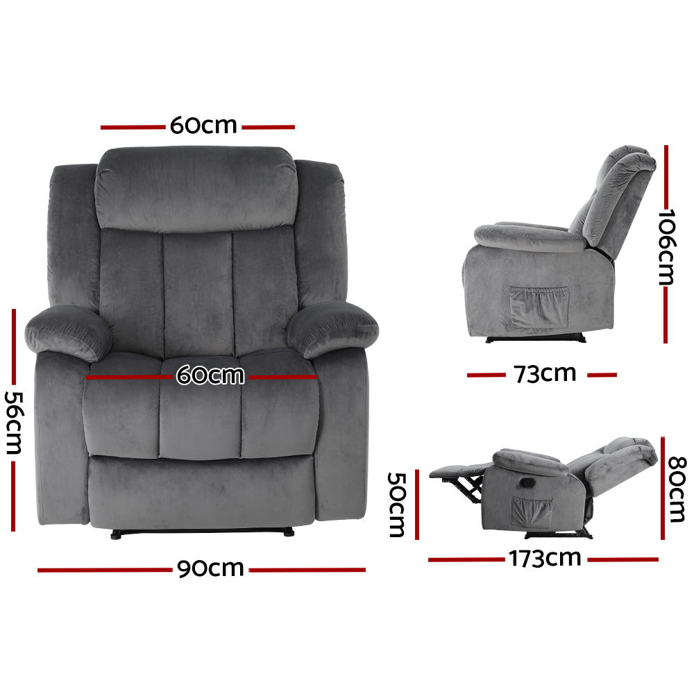 Marlook Recliner Chair Electric Massage Chair Velvet Lounge Sofa Heated Grey