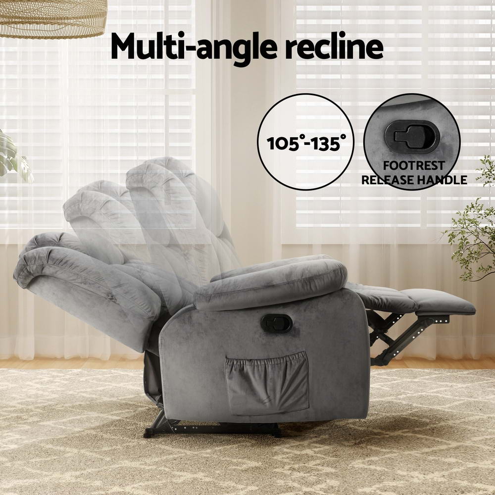 Marlook Recliner Chair Electric Massage Chair Velvet Lounge Sofa Heated Grey
