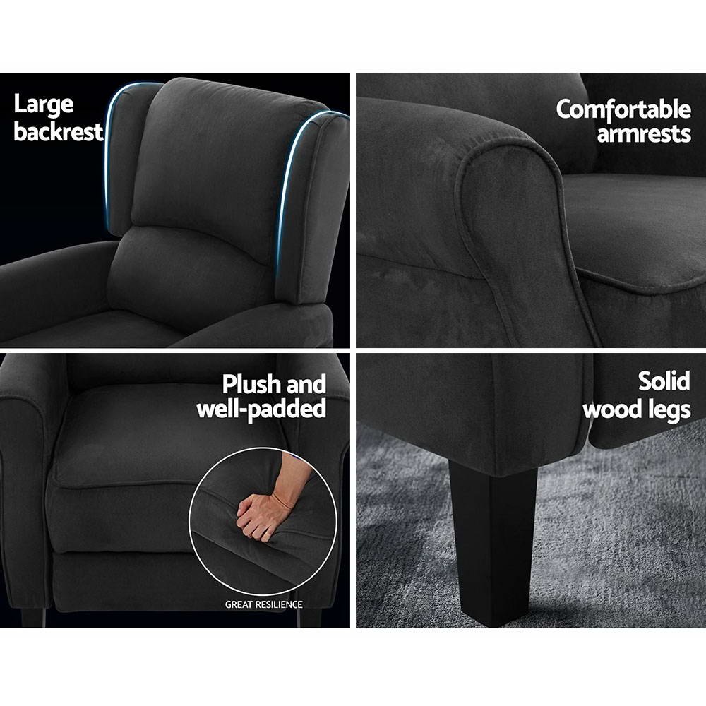 Marlook Recliner Chair Adjustable Sofa Lounge Soft Suede Armchair Couch Charcoal