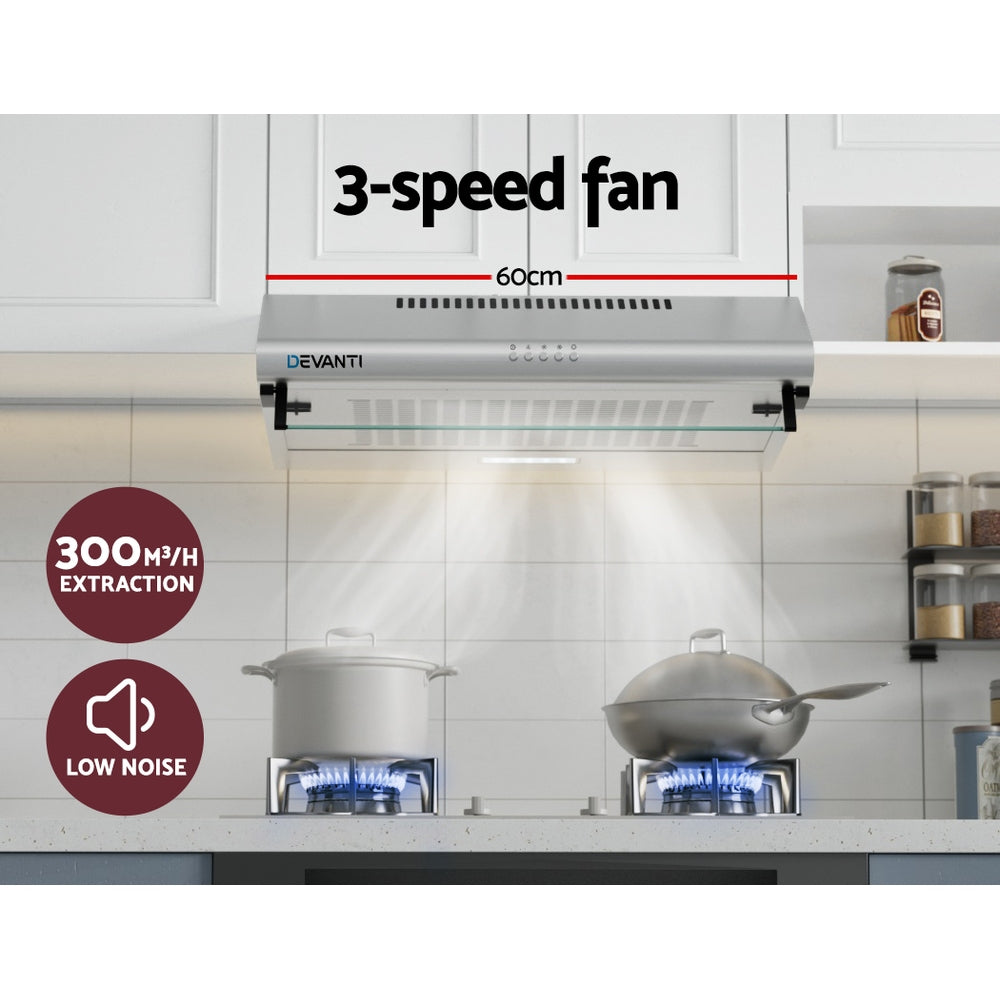 Marlook 600mm Range Hood 60cm Rangehood Kitchen Canopy LED Light Stainless Steel