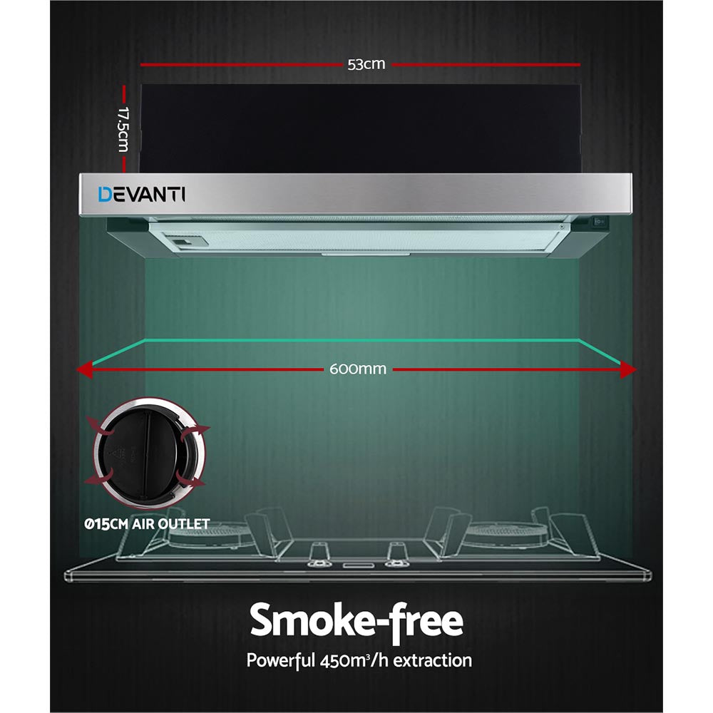Marlook 600mm Range Hood 60cm Slide out Rangehood Stainless Steel