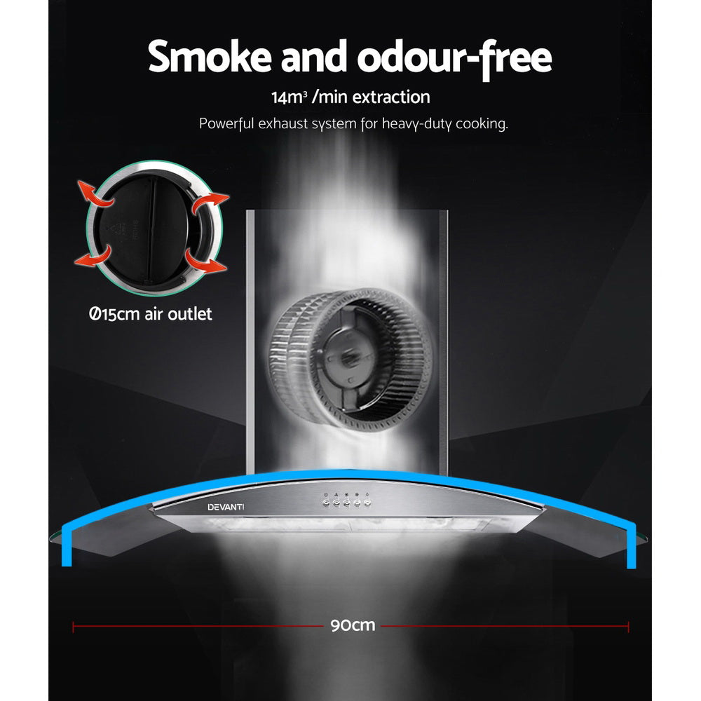Marlook 900mm Range Hood 90cm Rangehood Glass Canopy