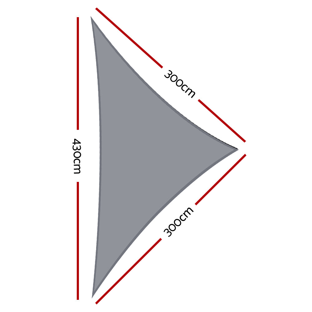 Marlook Shade Sail 3x3x4.3m Triangle 280GSM 98% Grey Shade Cloth