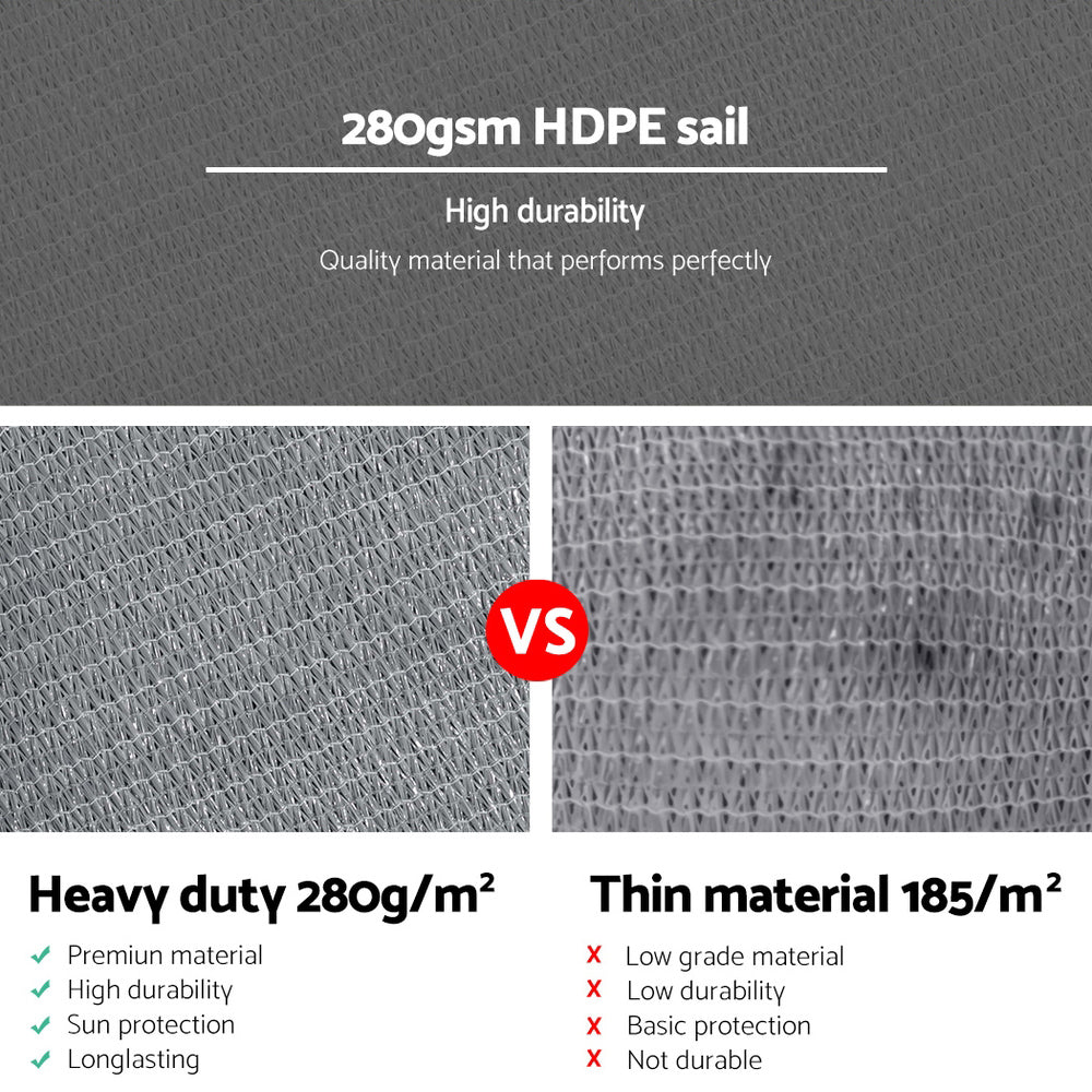 Marlook Shade Sail 3x3x4.3m Triangle 280GSM 98% Grey Shade Cloth