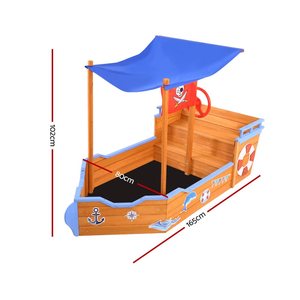 Marlook Kids Sandpit Wooden Boat Sand Pit with Canopy Bench Seat Beach Toys 165cm