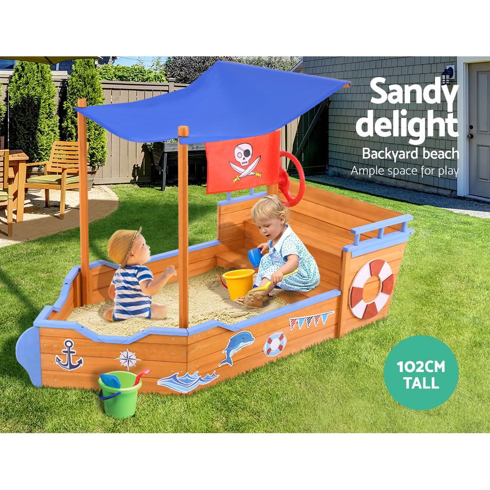 Marlook Kids Sandpit Wooden Boat Sand Pit with Canopy Bench Seat Beach Toys 165cm