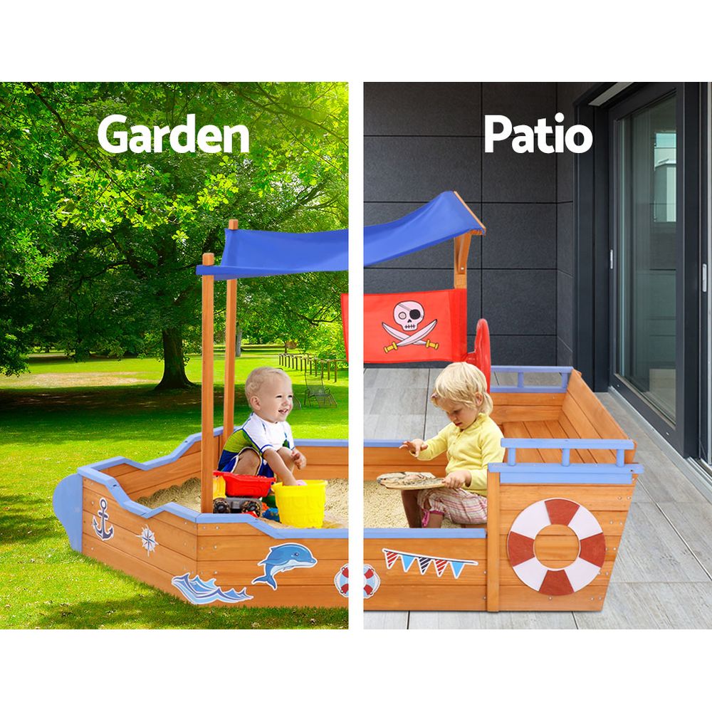 Marlook Kids Sandpit Wooden Boat Sand Pit with Canopy Bench Seat Beach Toys 165cm