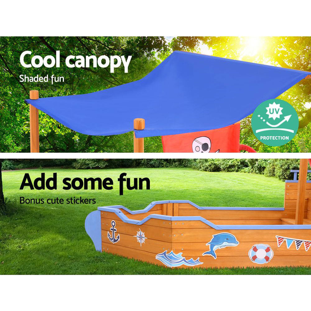 Marlook Kids Sandpit Wooden Boat Sand Pit with Canopy Bench Seat Beach Toys 165cm