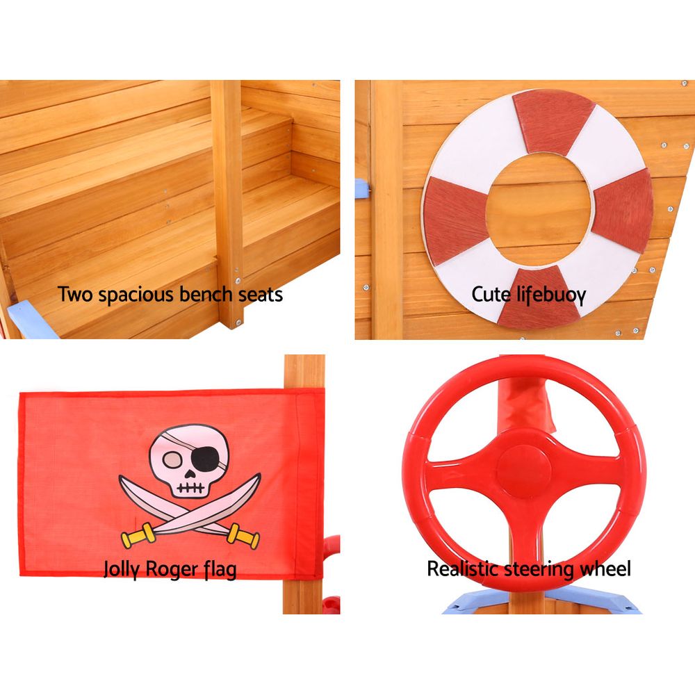 Marlook Kids Sandpit Wooden Boat Sand Pit with Canopy Bench Seat Beach Toys 165cm