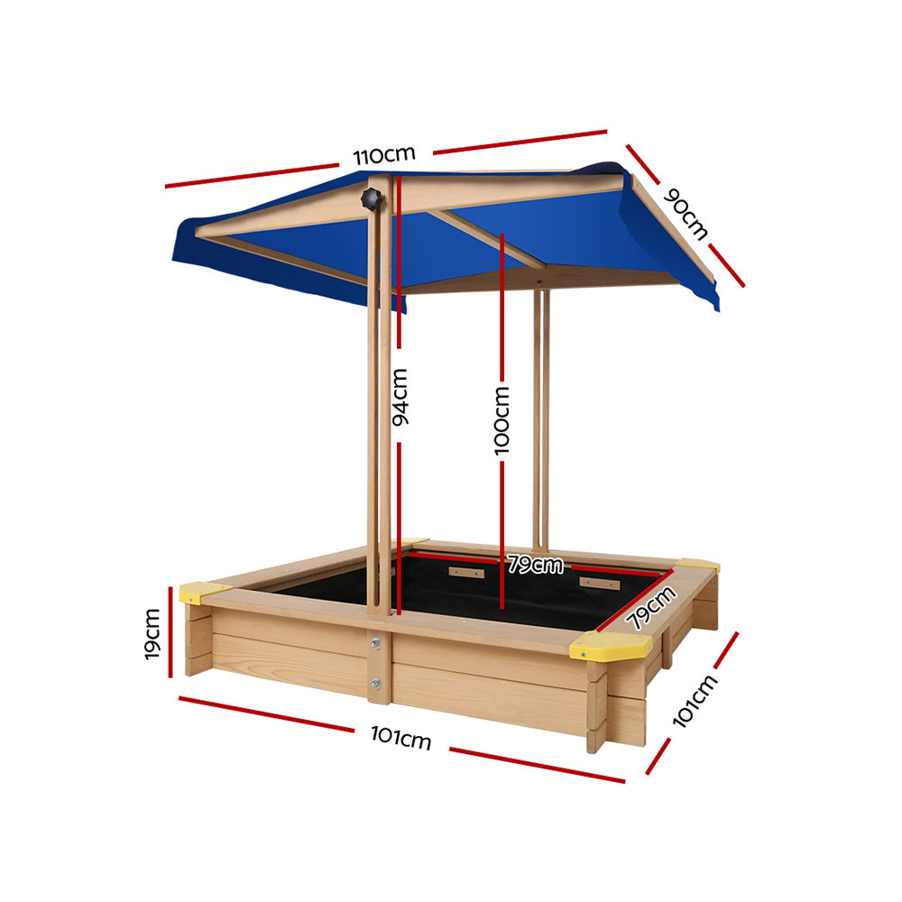 Marlook Kids Sandpit Wooden Sandbox Sand Pit with Canopy Bench Seat Toys 101cm