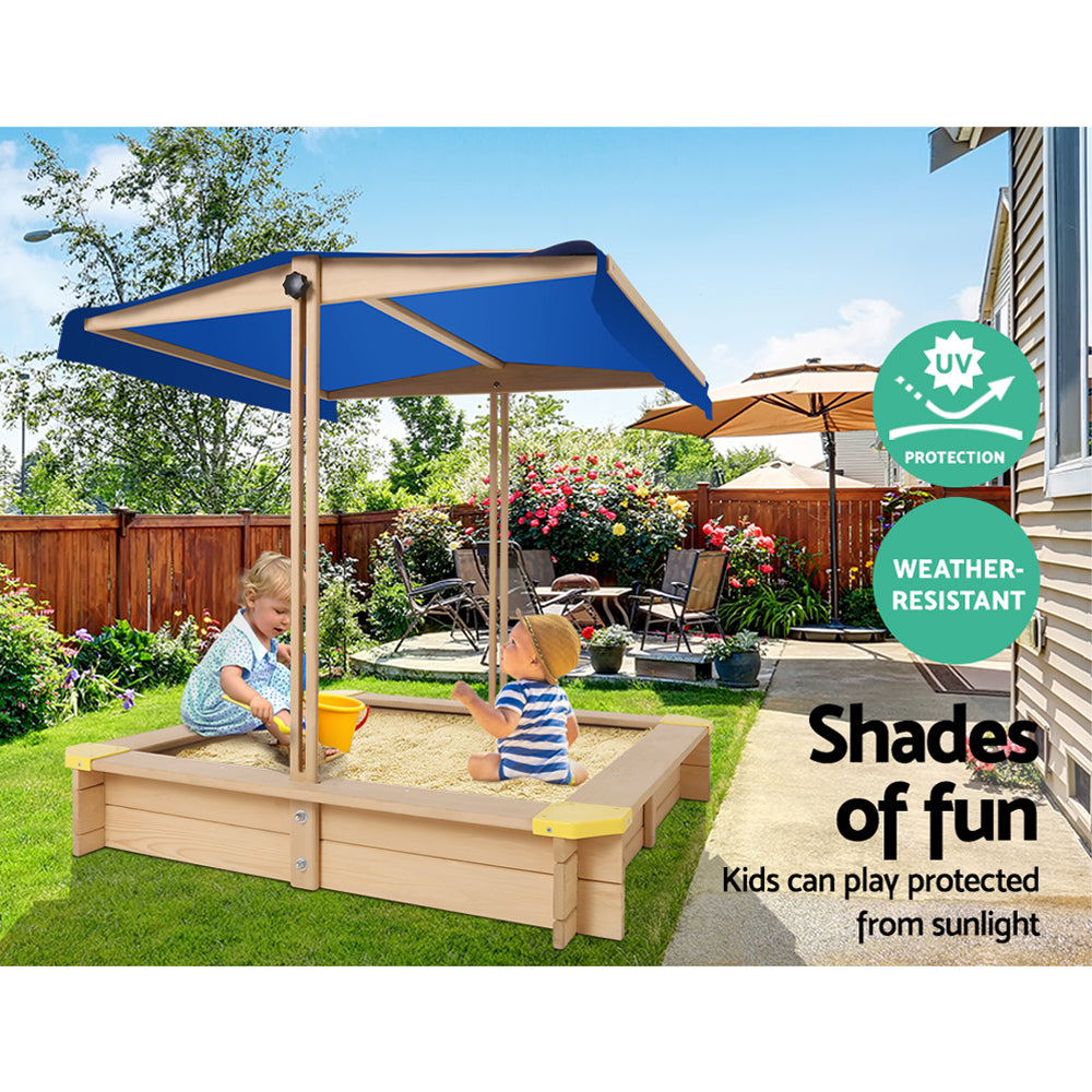Marlook Kids Sandpit Wooden Sandbox Sand Pit with Canopy Bench Seat Toys 101cm