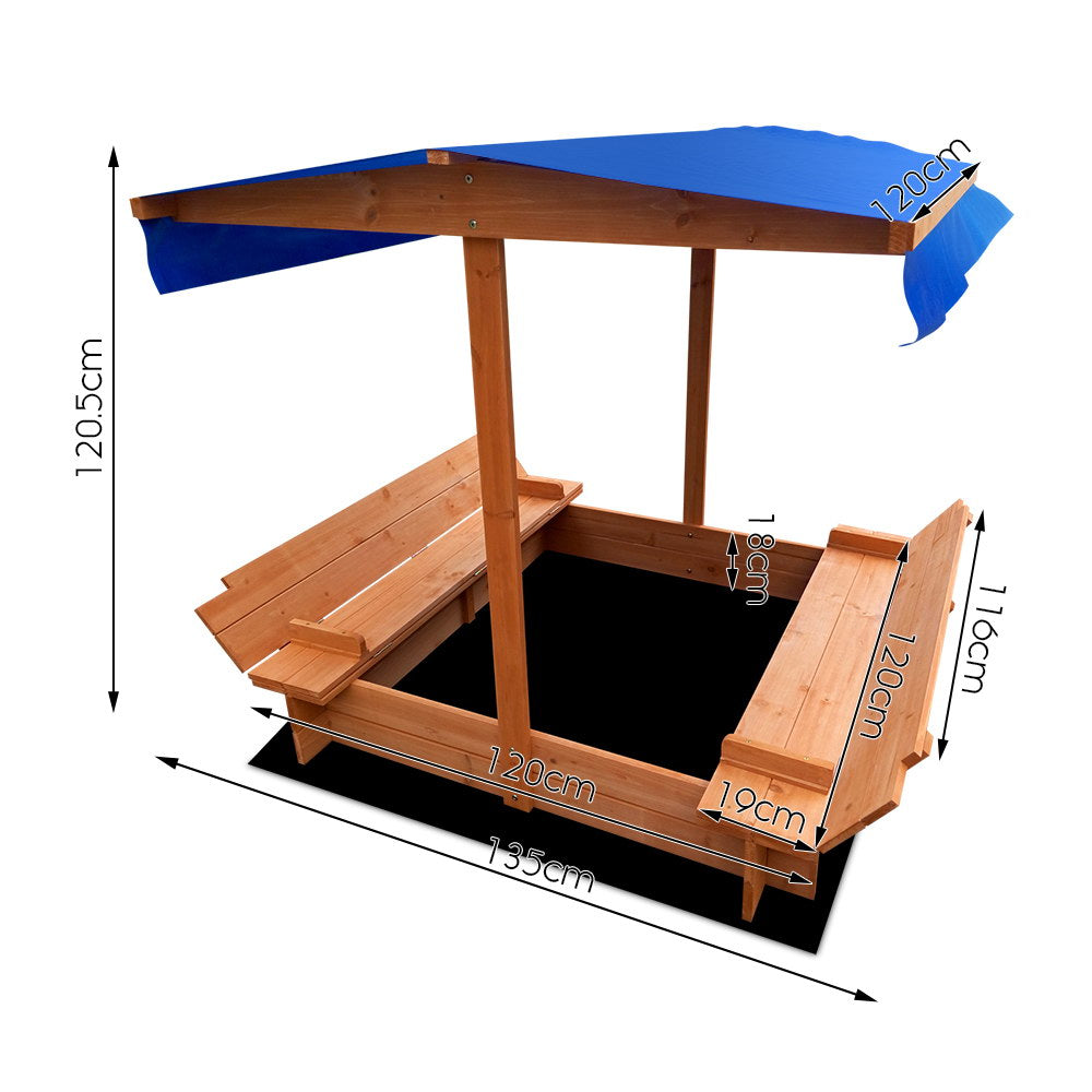 Marlook Kids Sandpit Wooden Sandbox Sand Pit with Canopy Foldable Seat Toys 120cm