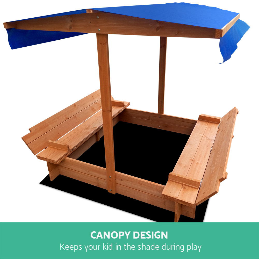 Marlook Kids Sandpit Wooden Sandbox Sand Pit with Canopy Foldable Seat Toys 120cm