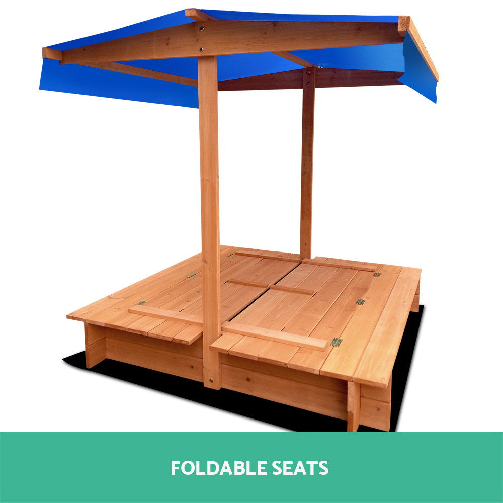 Marlook Kids Sandpit Wooden Sandbox Sand Pit with Canopy Foldable Seat Toys 120cm