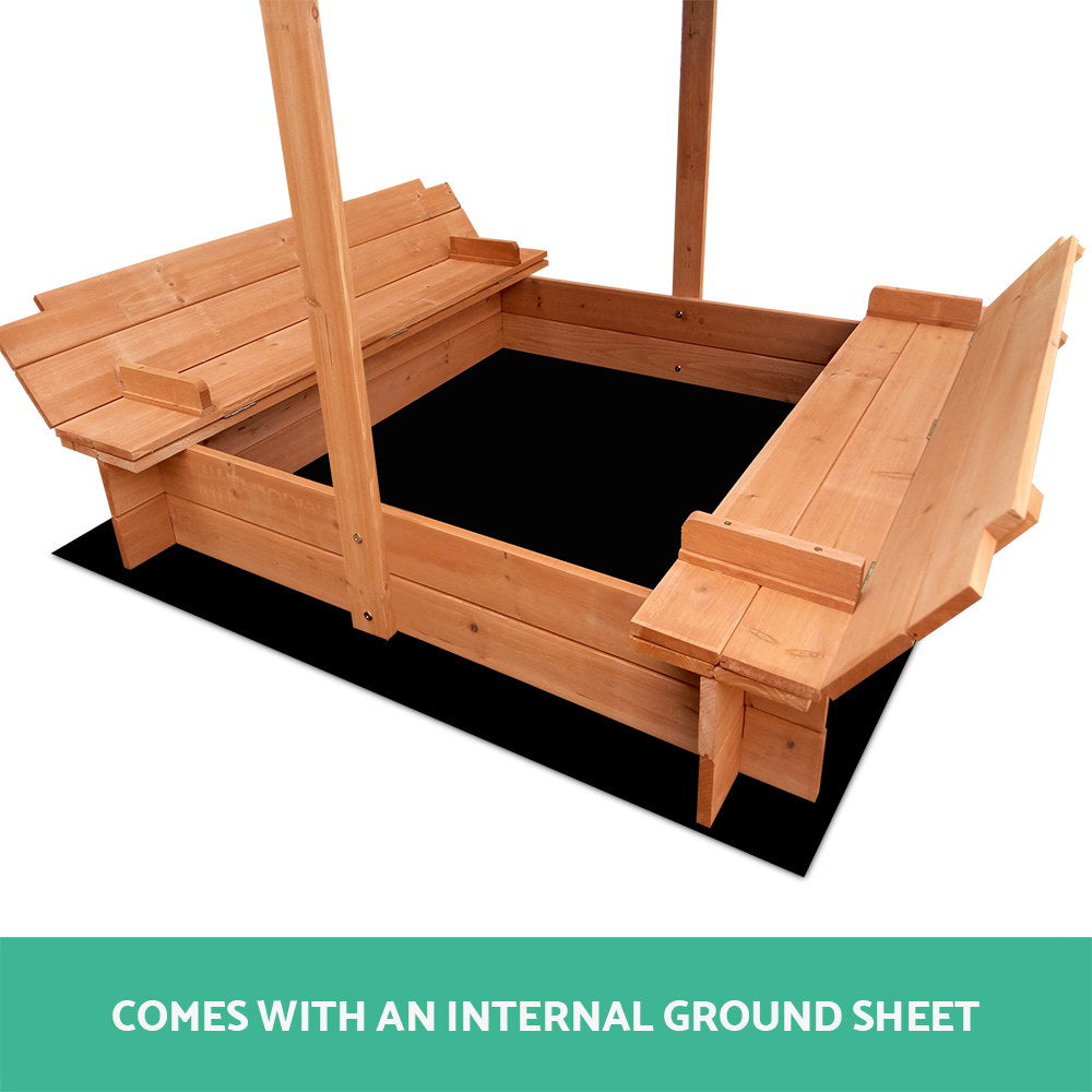 Marlook Kids Sandpit Wooden Sandbox Sand Pit with Canopy Foldable Seat Toys 120cm