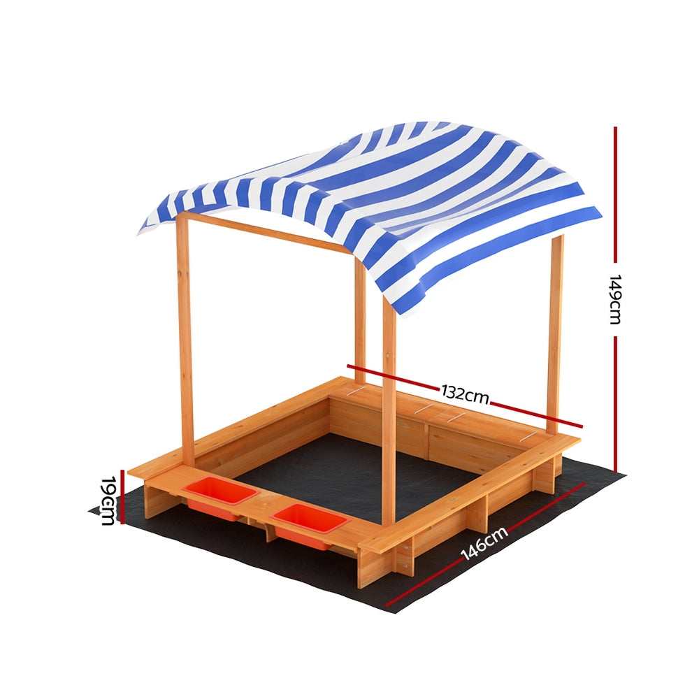 Marlook Kids Sandpit Wooden Sandbox Sand Pit with Canopy Water Basin Toys 146cm