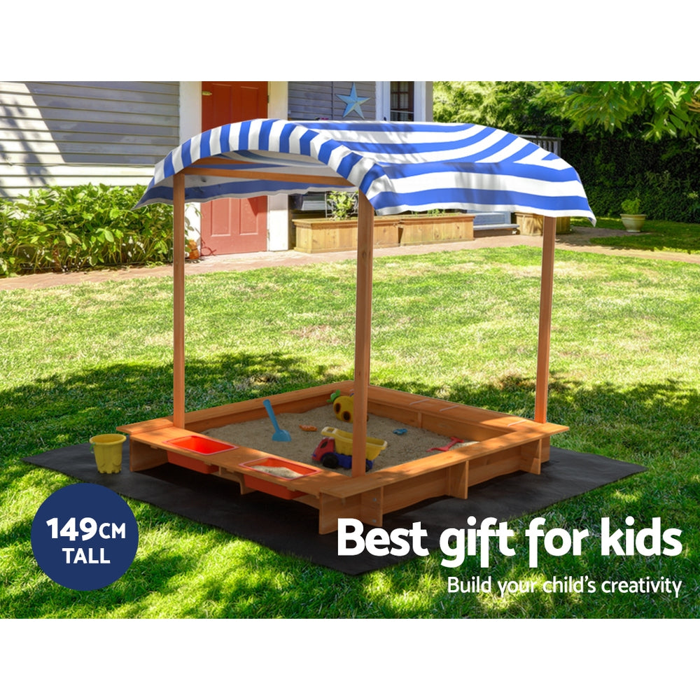 Marlook Kids Sandpit Wooden Sandbox Sand Pit with Canopy Water Basin Toys 146cm