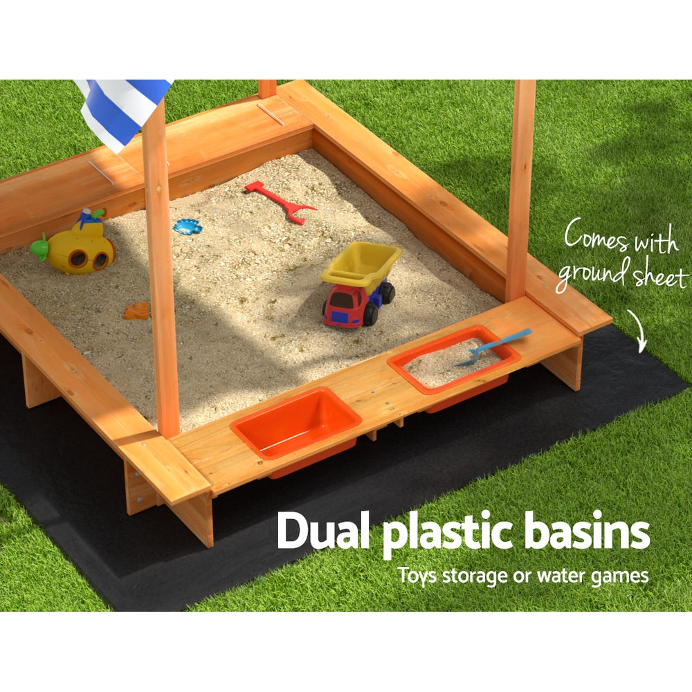 Marlook Kids Sandpit Wooden Sandbox Sand Pit with Canopy Water Basin Toys 146cm