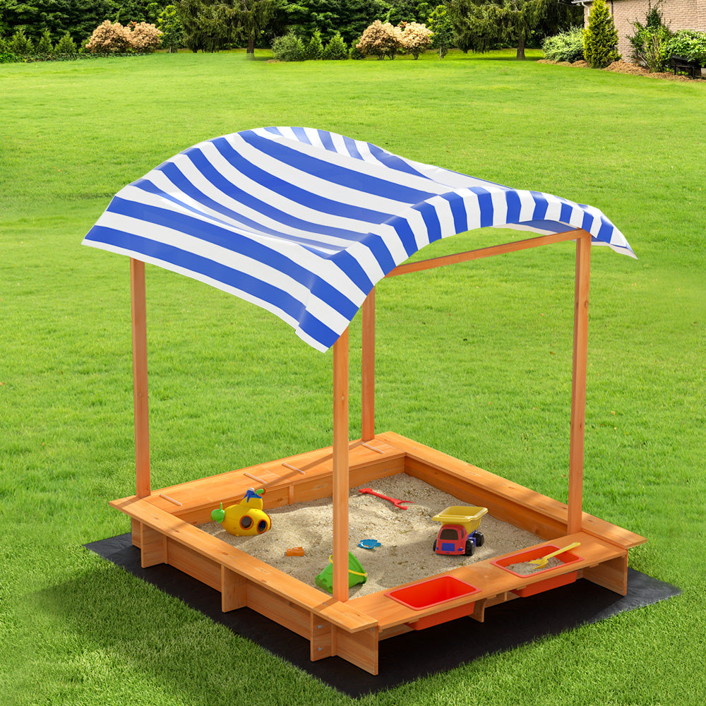 Marlook Kids Sandpit Wooden Sandbox Sand Pit with Canopy Water Basin Toys 146cm