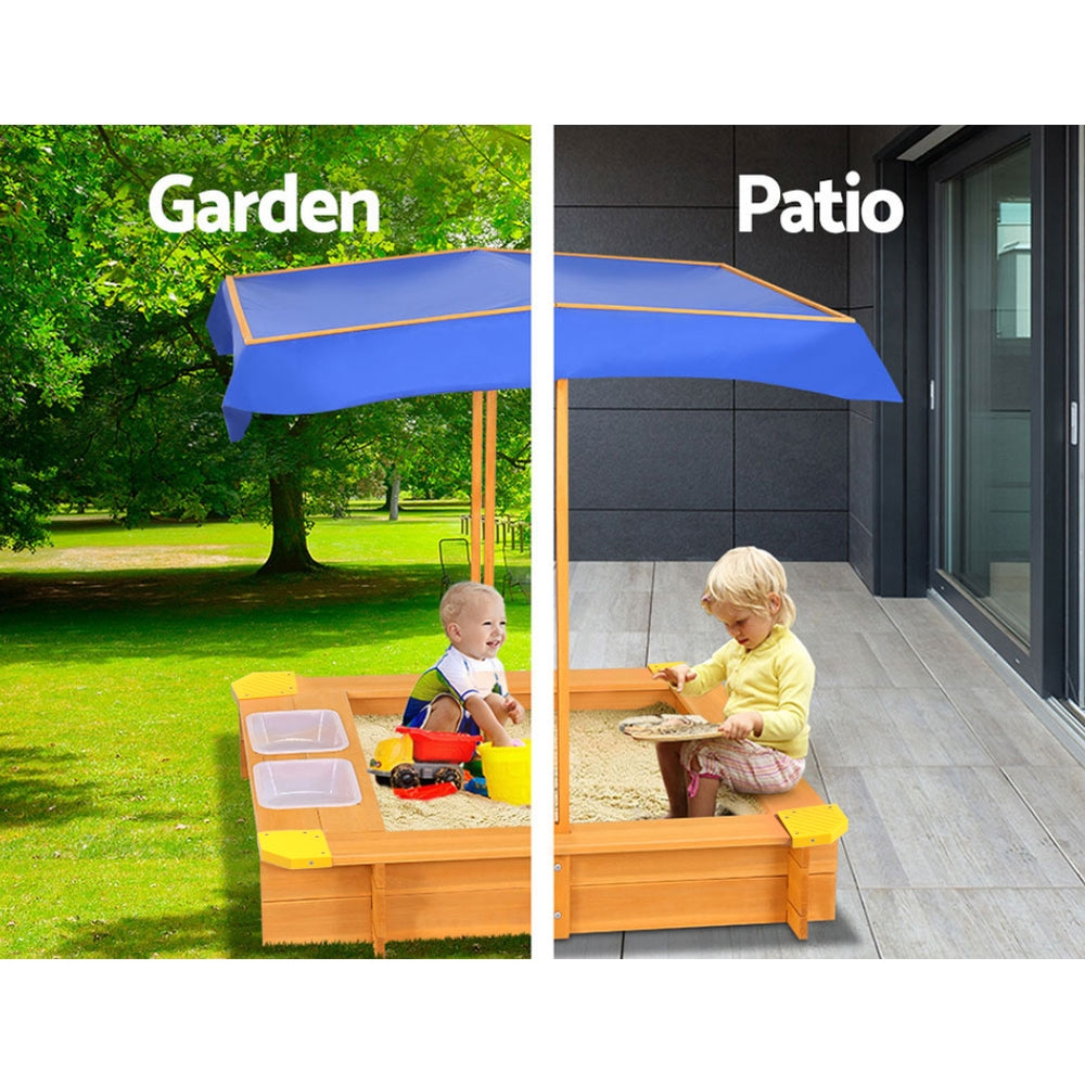 Marlook Kids Sandpit Wooden Sandbox Sand Pit with Canopy Water Basin Toys 103cm