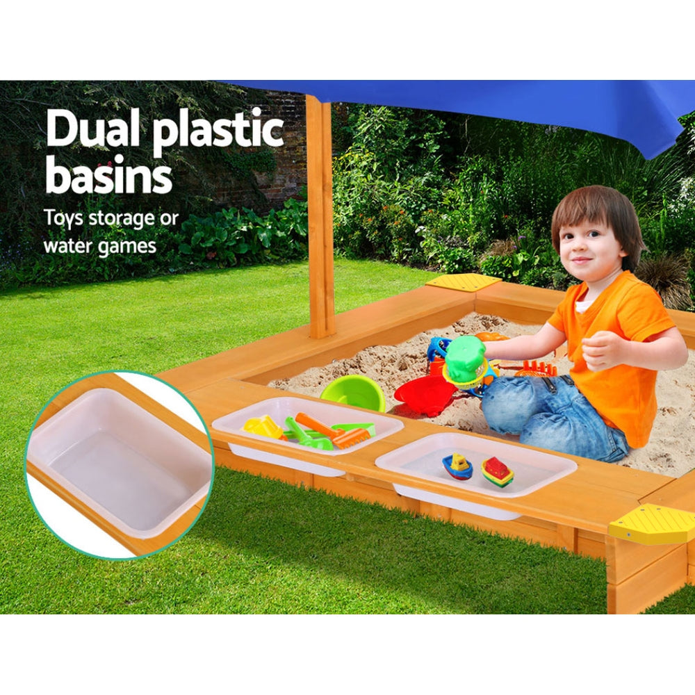 Marlook Kids Sandpit Wooden Sandbox Sand Pit with Canopy Water Basin Toys 103cm