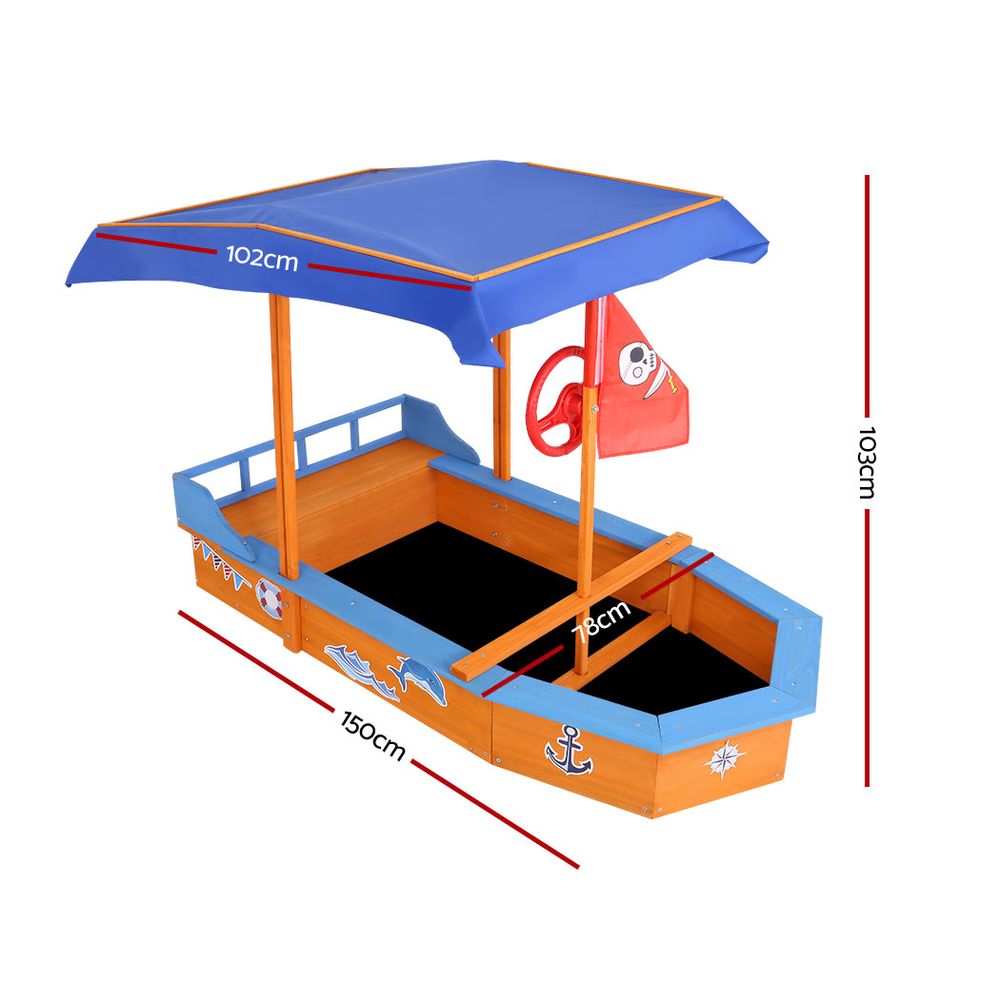 Marlook Kids Sandpit Wooden Boat Sand Pit with Canopy Bench Seat Beach Toys 150cm