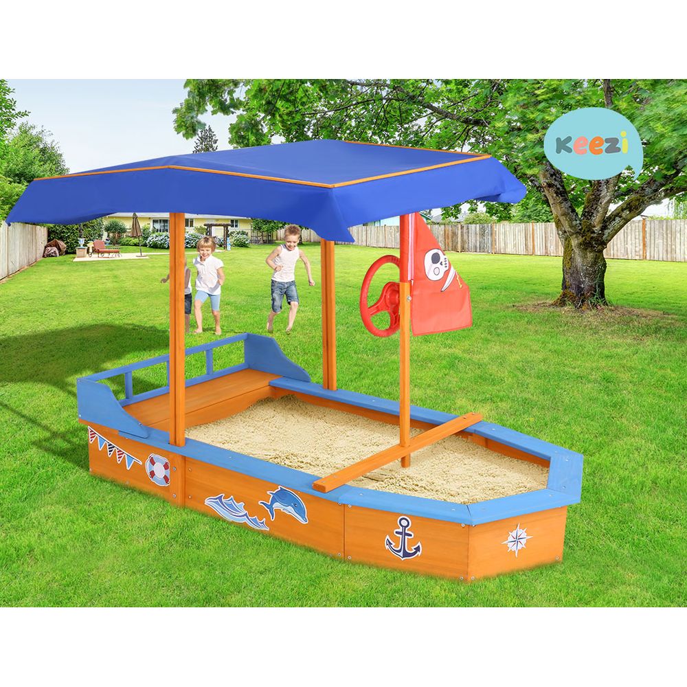 Marlook Kids Sandpit Wooden Boat Sand Pit with Canopy Bench Seat Beach Toys 150cm