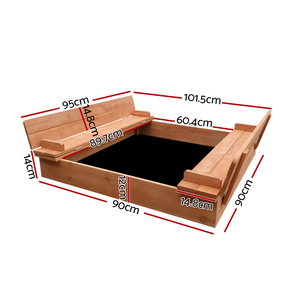 Marlook Kids Sandpit Wooden Sandbox Sand Pit Foldable Seat Outdoor Beach Toys 90cm