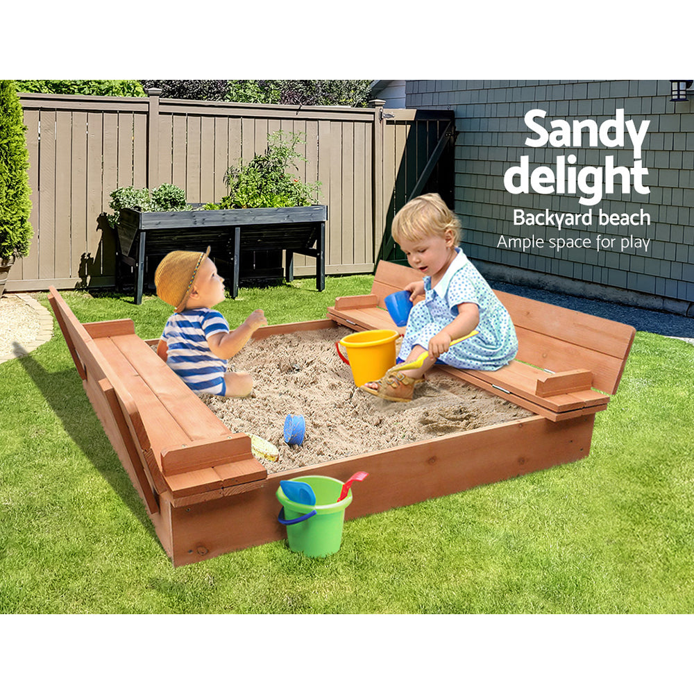 Marlook Kids Sandpit Wooden Sandbox Sand Pit Foldable Seat Outdoor Beach Toys 90cm