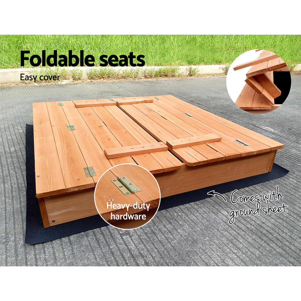 Marlook Kids Sandpit Wooden Sandbox Sand Pit Foldable Seat Outdoor Beach Toys 90cm