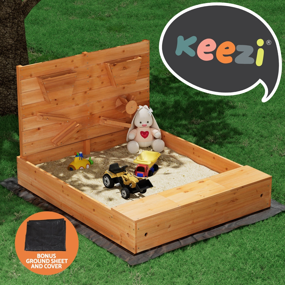 Marlook Kids Sandpit Wooden Sandbox Sand Pit with Cover Funnel Outdoor Toys 120cm