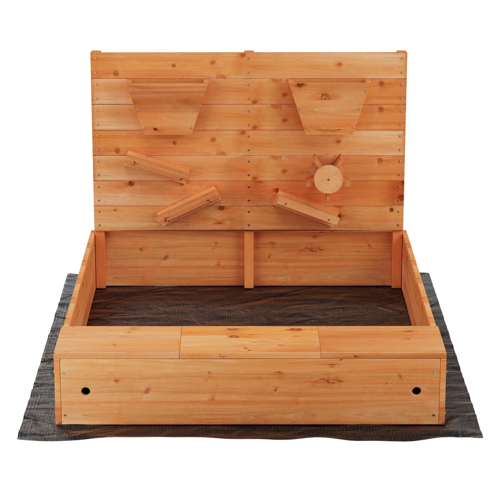 Marlook Kids Sandpit Wooden Sandbox Sand Pit with Cover Funnel Outdoor Toys 120cm